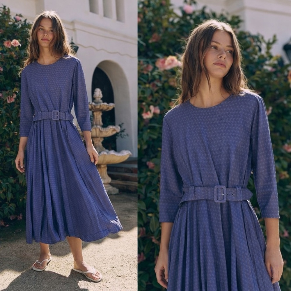 Braun Style Vintage A Line Dark Blue Long Sleeve Belt Dress Conservative M